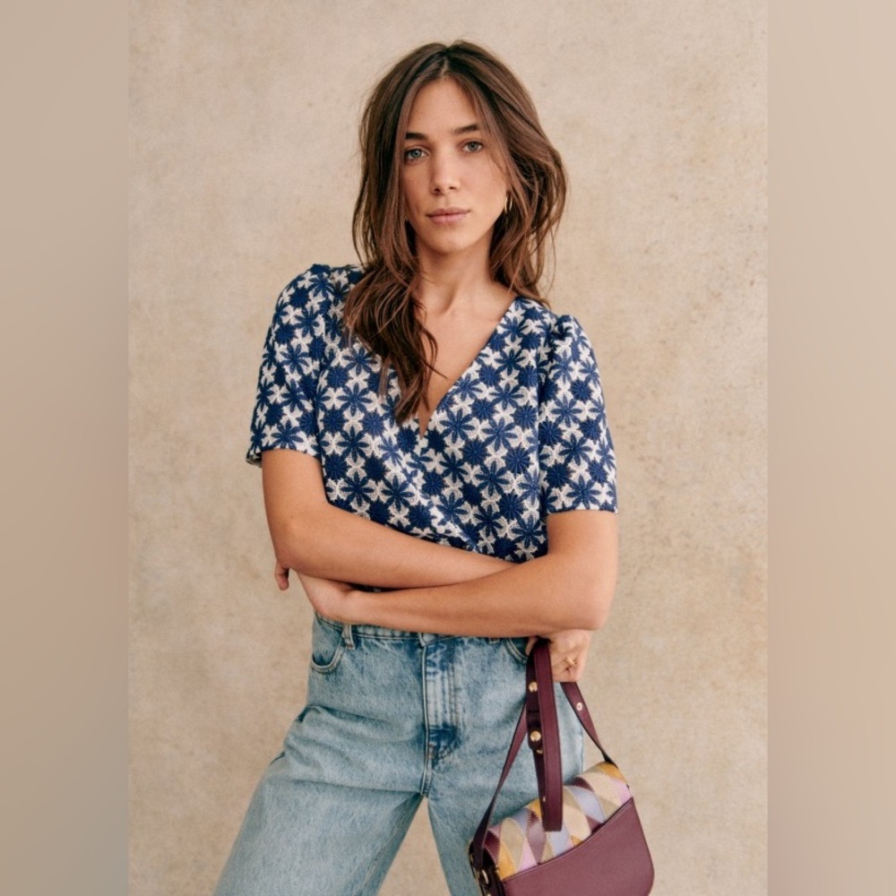 Sezane Emma Ecru Navy Blouse - Picture 2 of 9